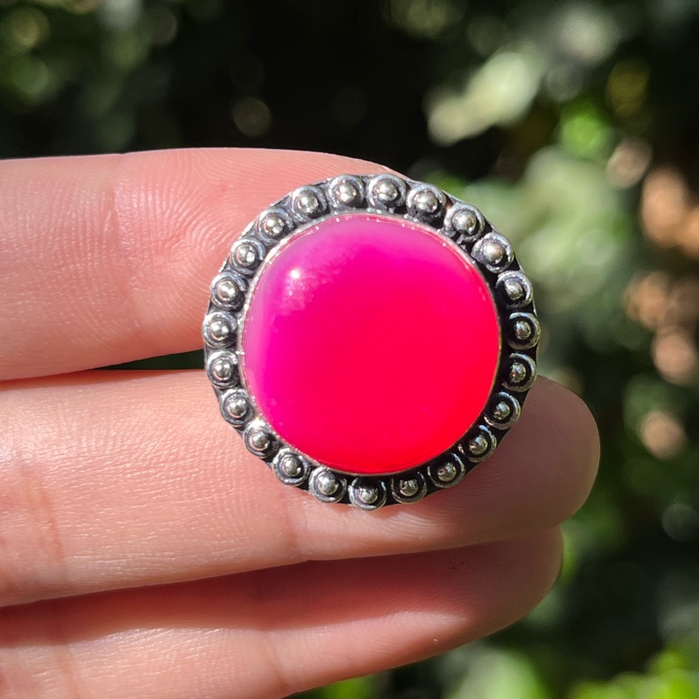 Size 6.75 925 silver plated hot pink agate‎ round ring 2381